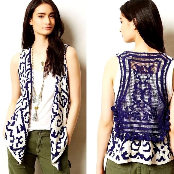 Anthropologie Moth Turson Netted Crochet Tassel Vest in Navy & Cream, M/L - Picture 1 of 12